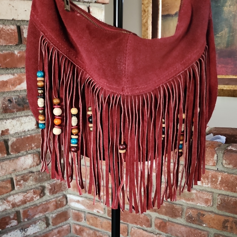 Italian Made Red Suede Leather Boho Fringe Hobo Bag | Beaded Tassels - Picture 2 of 16